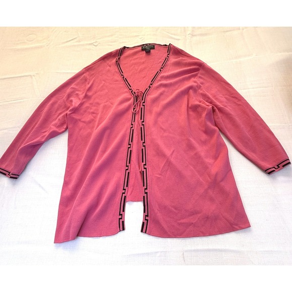 Finity Woman Sweaters - Finity Woman Pink Greek Key Trim Tie Front Cardigan Sweater Plus Size 2X